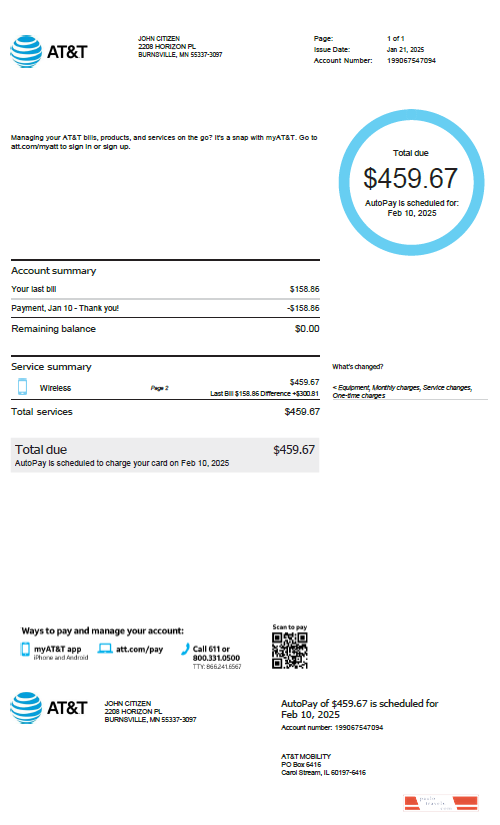 USA AT&T utility bill template in Word and PDF formats, version 3